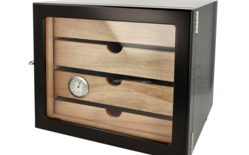 Humidor szekrény 80 szivar részére, 4 fiókkal, üveg ajtós, zárható, külső higrométer, párásító - fekete, Angelo