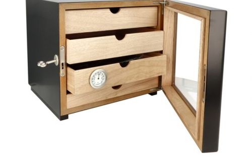 Humidor szekrény 80 szivar részére, 4 fiókkal, üveg ajtós, zárható, külső higrométer, párásító - fekete, Angelo