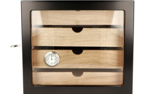 Humidor szekrény 80 szivar részére, 4 fiókkal, üveg ajtós, zárható, külső higrométer, párásító - fekete, Angelo