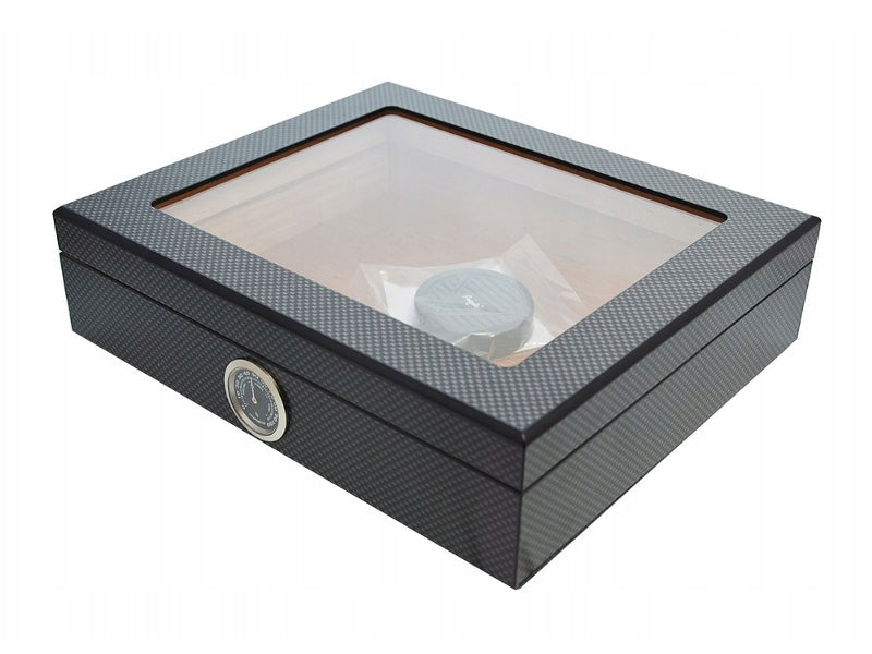 Humidor 30 szál szivar részére, spanyol cédrusfa szivar doboz, üvegtetős, párásítóval, hygrométerrel - Carbon