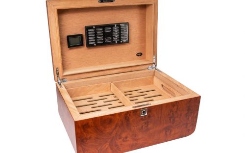 Humidor 80 szivar részére, cedrusfa, barna színű szivar doboz, párásítóval, hygrometerrel - lekerekített tetővel