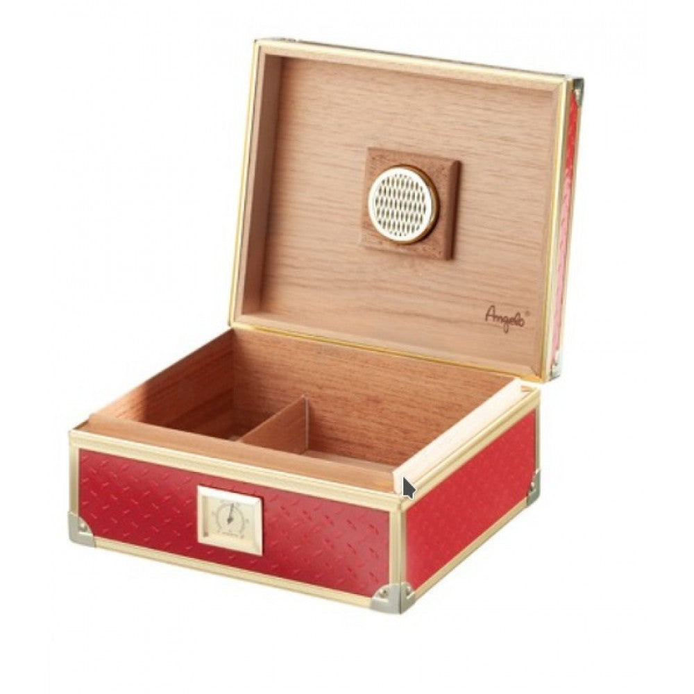 Humidor 40 szál szivar részére, cédrusfa szivar doboz, párásítóval, hygrométerrel - piros, aranyszínű fémkerettel, Angelo