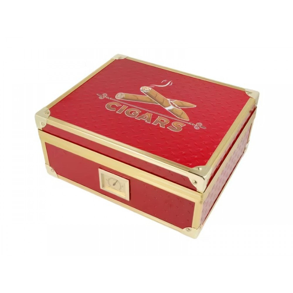 Humidor 40 szál szivar részére, cédrusfa szivar doboz, párásítóval, hygrométerrel - piros, aranyszínű fémkerettel, Angelo