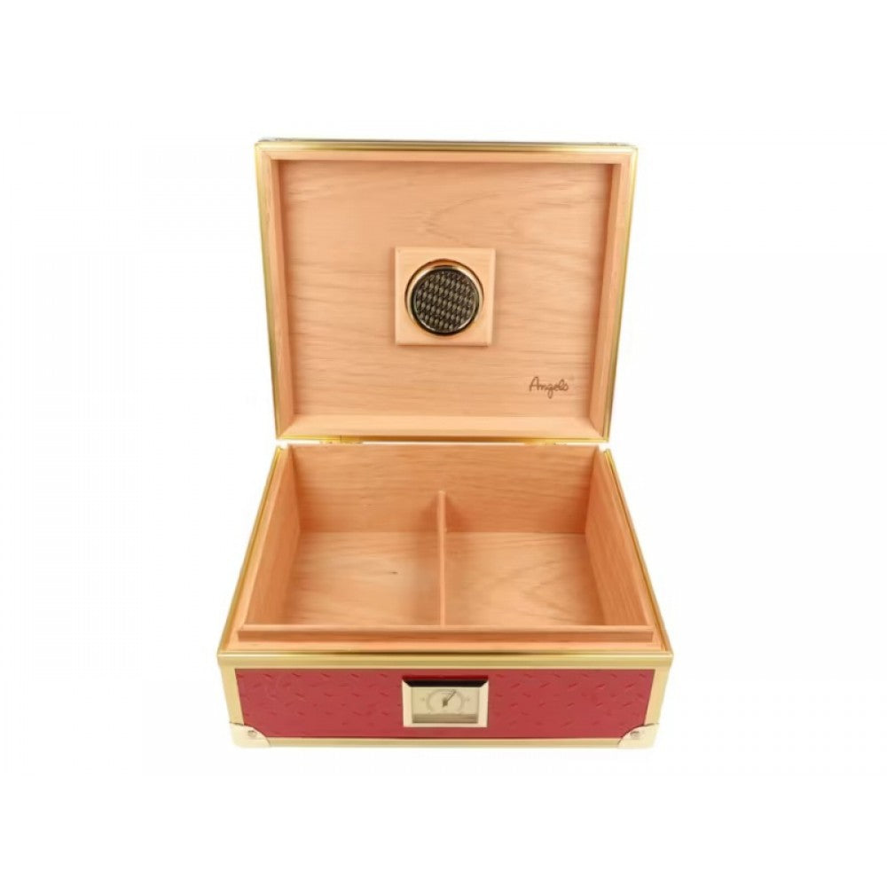 Humidor 40 szál szivar részére, cédrusfa szivar doboz, párásítóval, hygrométerrel - piros, aranyszínű fémkerettel, Angelo