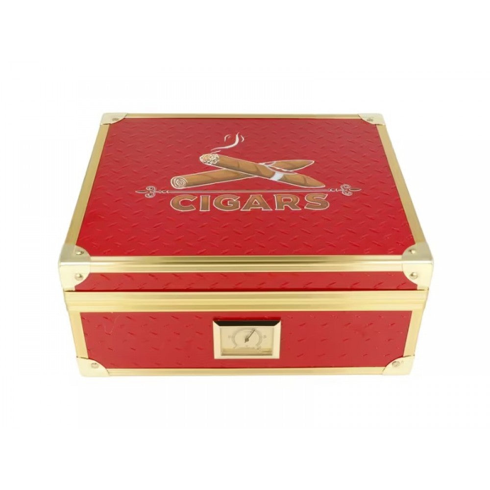 Humidor 40 szál szivar részére, cédrusfa szivar doboz, párásítóval, hygrométerrel - piros, aranyszínű fémkerettel, Angelo