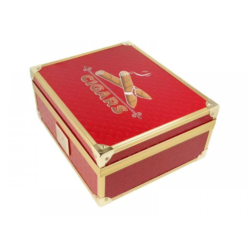 Humidor 40 szál szivar részére, cédrusfa szivar doboz, párásítóval, hygrométerrel - piros, aranyszínű fémkerettel, Angelo