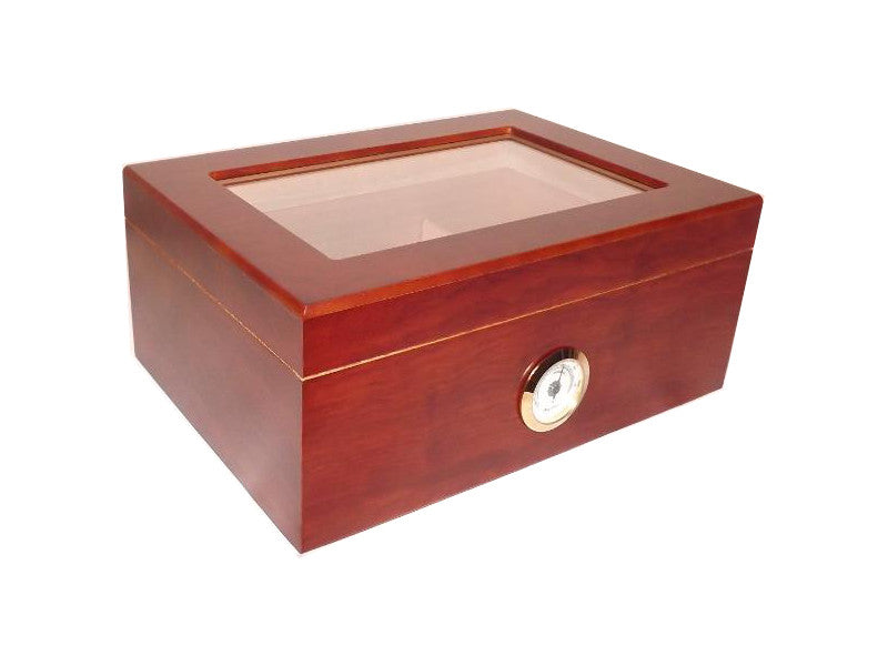 Humidor 50 szál szivar részére, barna színű cédrusfa szivar doboz, üvegtető, párásítóval, hygrométerrel
