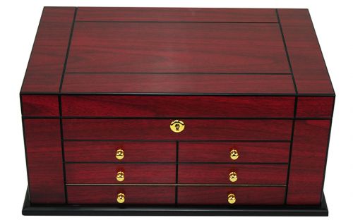 Humidor 80 szál szivar részére, spanyol cédrusfa szivartartó doboz, kulccsal zárható, párásító, hygrometer - Cherry