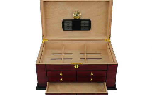 Humidor 80 szál szivar részére, spanyol cédrusfa szivartartó doboz, kulccsal zárható, párásító, hygrometer - Cherry