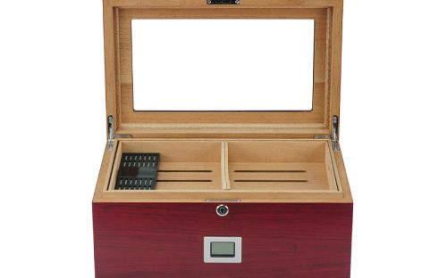 Gasztro humidor 80 szál szivar részére, üvegtetős spanyol cédrusfa szivartartó doboz, kulccsal zárható, párásító, hygrometer - Cherry