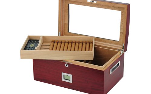 Gasztro humidor 80 szál szivar részére, üvegtetős spanyol cédrusfa szivartartó doboz, kulccsal zárható, párásító, hygrometer - Cherry