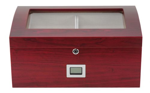 Gasztro humidor 80 szál szivar részére, üvegtetős spanyol cédrusfa szivartartó doboz, kulccsal zárható, párásító, hygrometer - Cherry