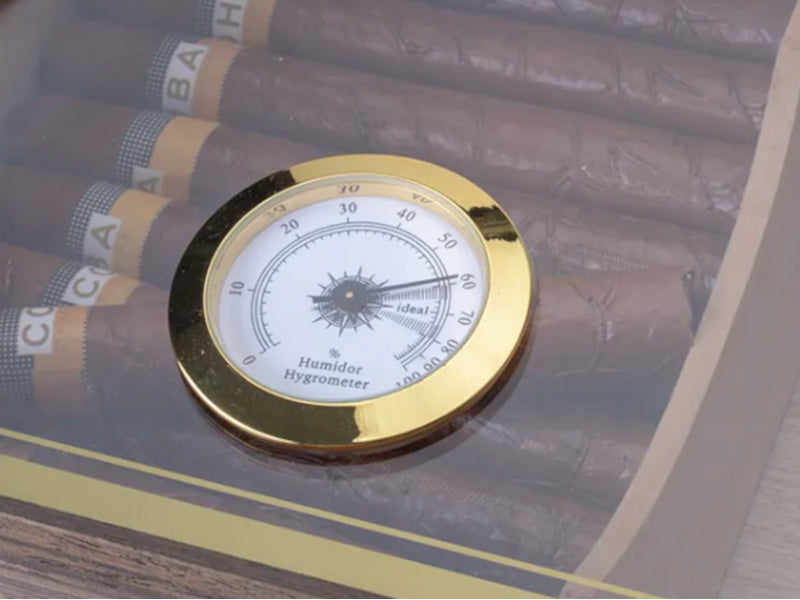 Achenty! Humidor 30 szál szivar részére, mintás üvegtetős szivartartó doboz, párásítóval, hygrometerrel - dió-dekor