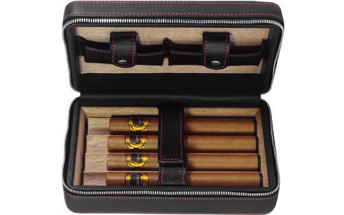 Utazó humidor 4 szál szivarhoz - cédrusfa szivartartó doboz, fekete bőr (20x13cm) - Achenty!