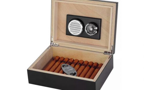 Achenty! Humidor 30 szál szivar részére, fekete cédrusfa szivar tároló doboz, párásító, hygrométer + AJÁNDÉK szett!