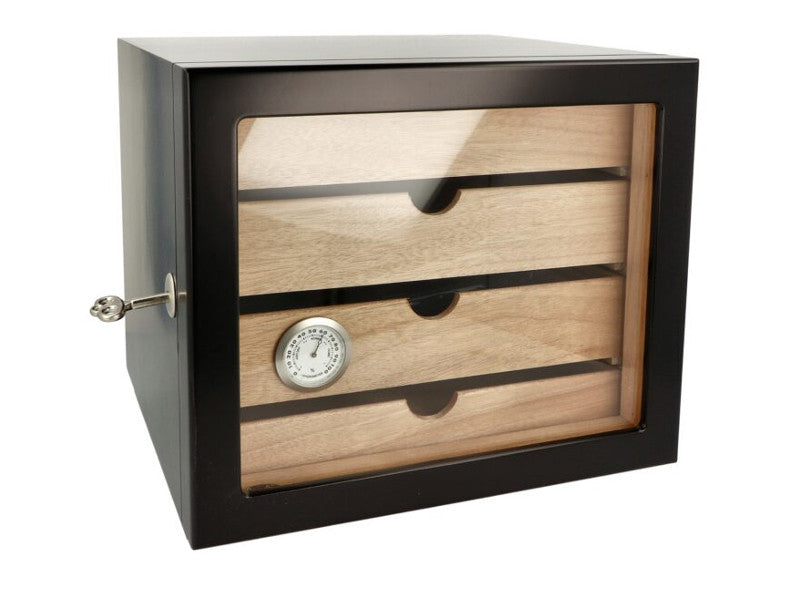 Humidor szekrény 80 szivar részére, 4 fiókkal, üveg ajtós, zárható, külső higrométer, párásító - fekete, Angelo