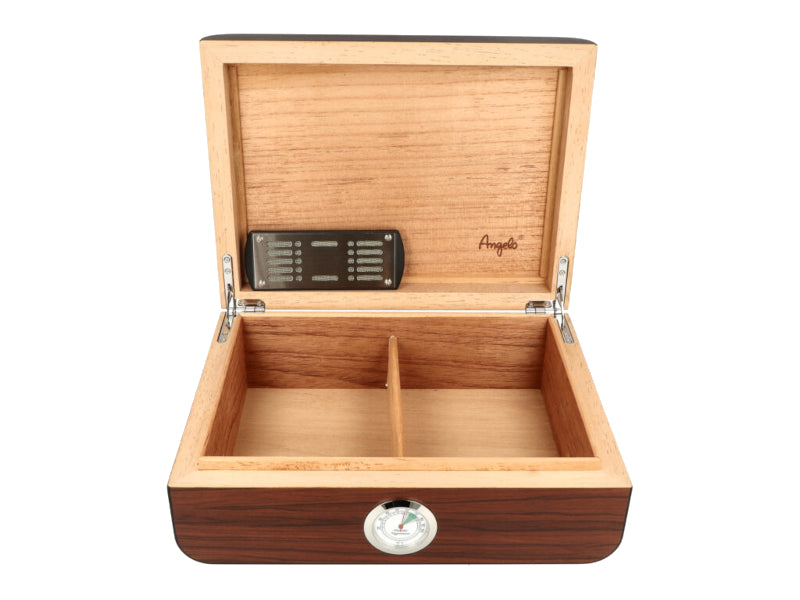 Humidor 50 szál szivar részére, cédrusfa szivar tároló doboz, párásítóval, külső hygrométerrel, barna, ovál - Angelo