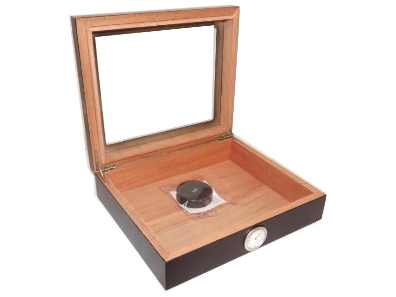 Humidor 30 szál szivar részére, cédrusfa szivar doboz, üvegtető, párásítóval, hygrométerrel - fekete, Angelo