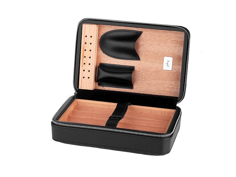 Utazó humidor 4 szál szivarhoz - cédrusfa szivartartó doboz, fekete bőr borítású (20x14cm)