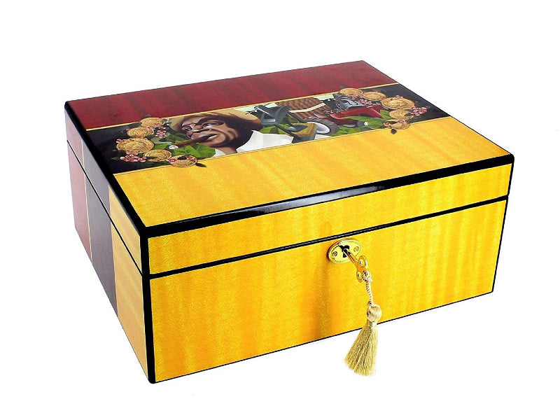 Humidor 50 szál szivar részére, lakkozott spanyol cédrusfa szivartartó doboz, kulccsal zárható, párásító és belső hygrometer - Cigarman